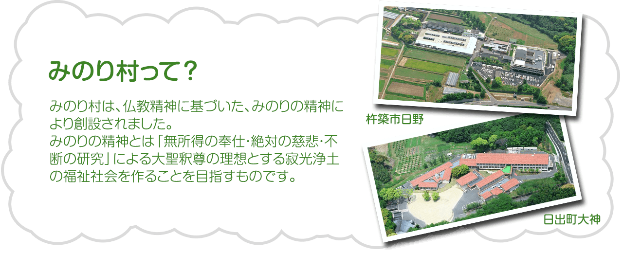 みのり村って？　みのり村は、仏教精神に基づいた、みのりの精神により創設されました。みのりの精神とは「無所得の奉仕・絶対の慈悲・不断の研究」による大聖釈尊の理想とする寂光浄土の福祉社会を作ることを目指すものです。